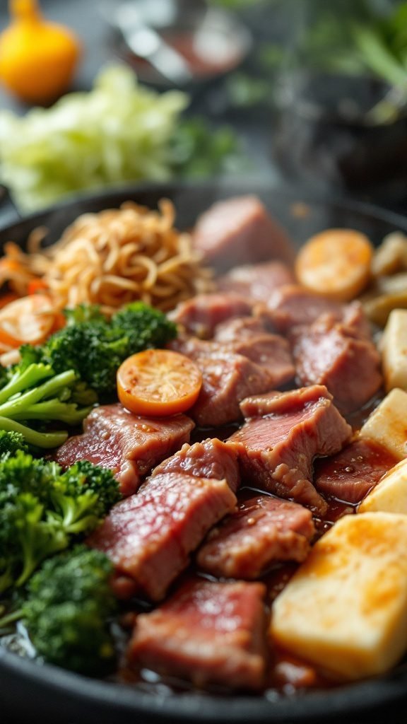 A delicious Sukiyaki Beef Hot Pot featuring slices of beef, tofu, and colorful vegetables.