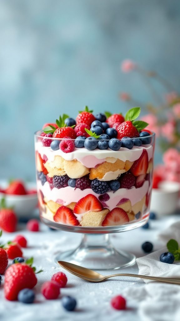A colorful summer berry trifle with layers of yogurt, sponge cake, and fresh berries.