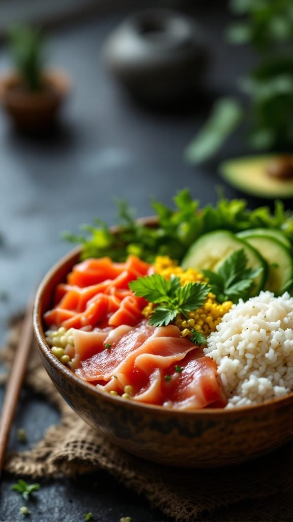 A vibrant sushi-inspired rice bowl with sliced fish, vegetables, and rice.