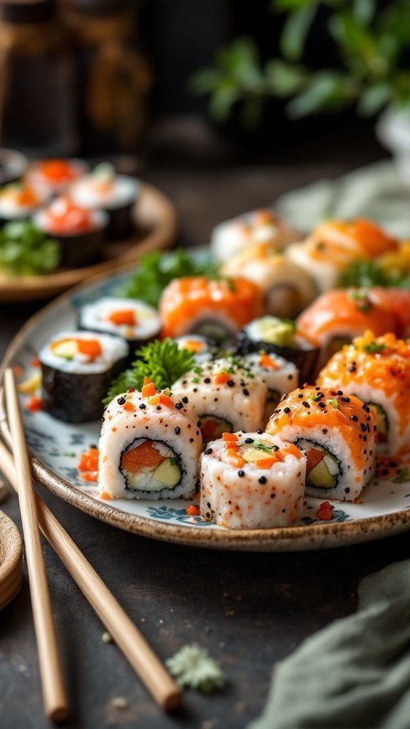 A colorful plate of assorted sushi rolls with fresh ingredients.