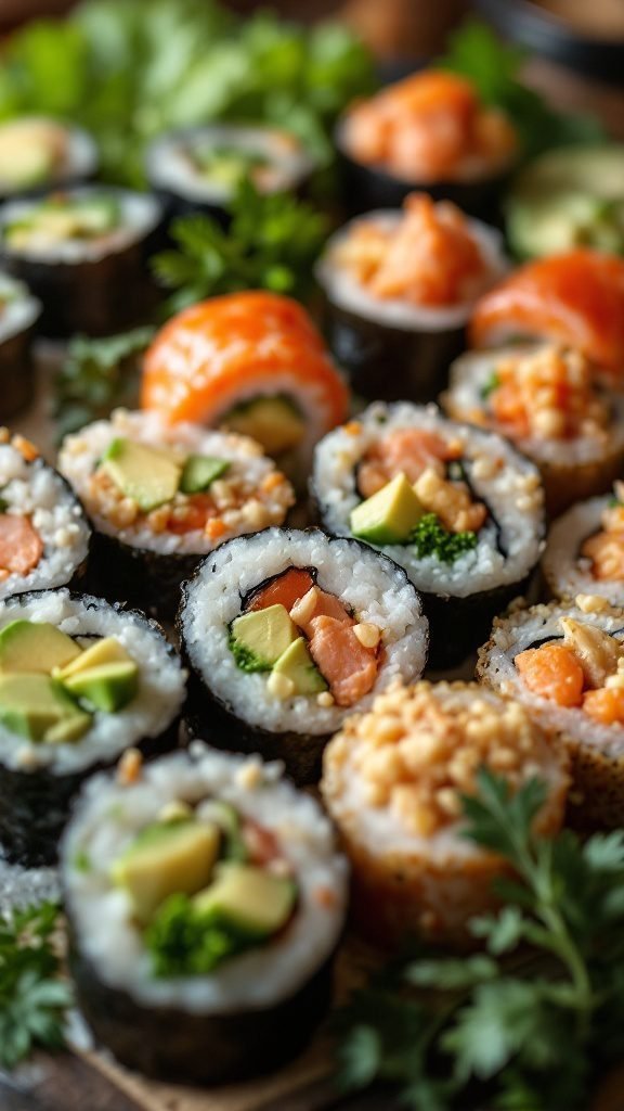 Sushi rolls with avocado and colorful fillings.