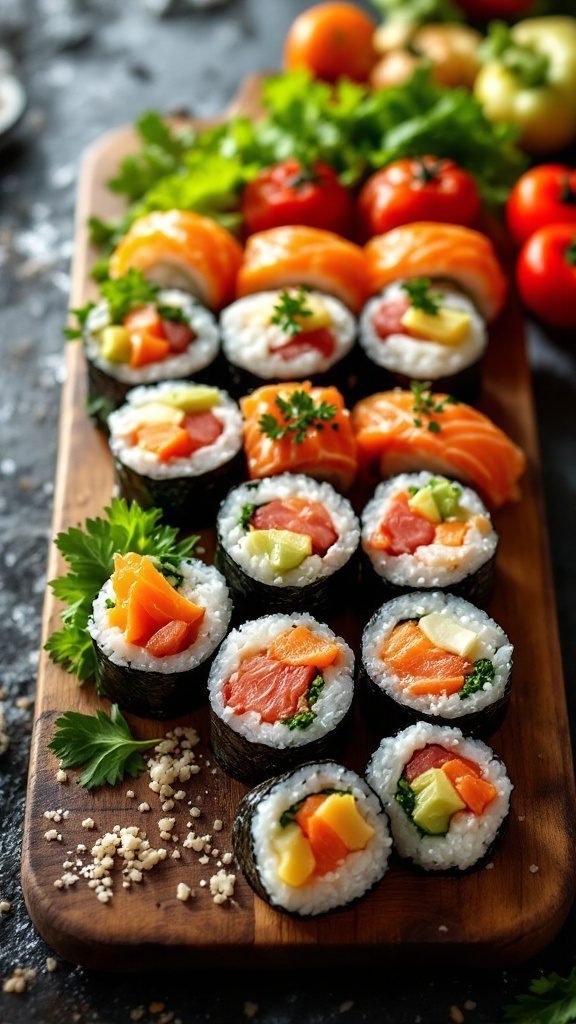 Colorful sushi rolls with fresh ingredients arranged on a wooden platter