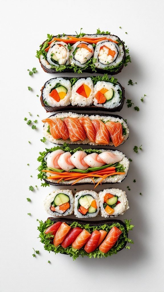 Sushi sandwiches with various colorful fillings made with rice and nori.