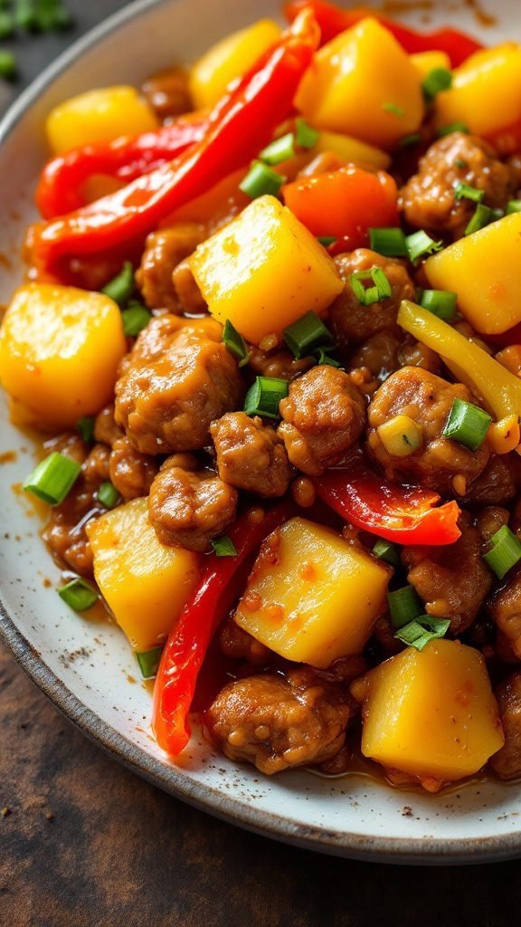 A delicious plate of sweet and sour pork with vegetables and pineapple.