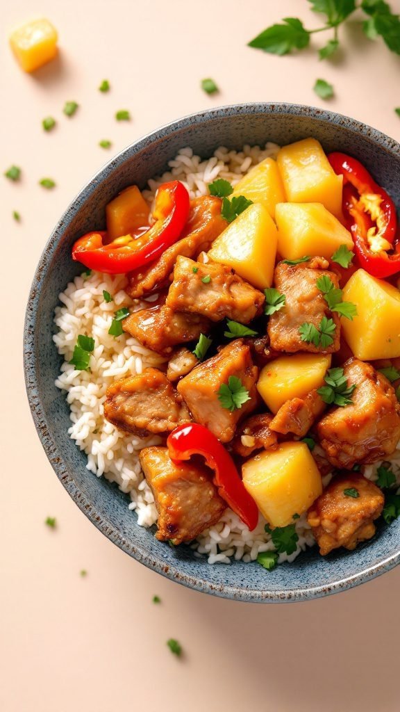 A delicious Sweet and Sour Pork Rice Bowl with vibrant colors and flavors.
