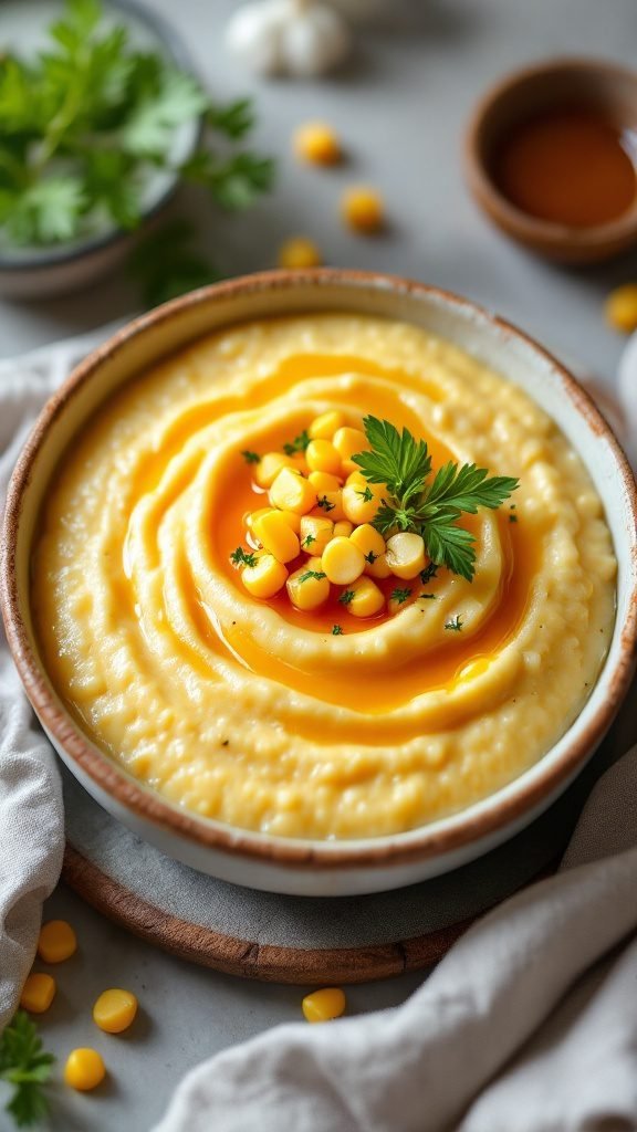 A bowl of creamy sweet corn grits topped with fresh corn and herbs