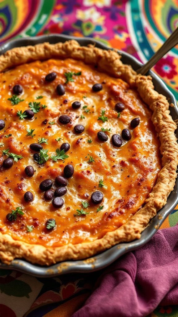 A delicious Sweet Potato and Black Bean Pot Pie with crispy crust and garnished with black beans and herbs.
