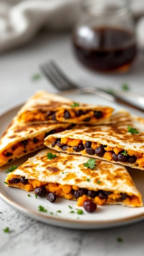 Sweet Potato and Black Bean Quesadillas served on a white plate.