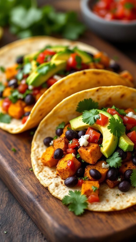 Delicious sweet potato and black bean tacos topped with fresh ingredients.