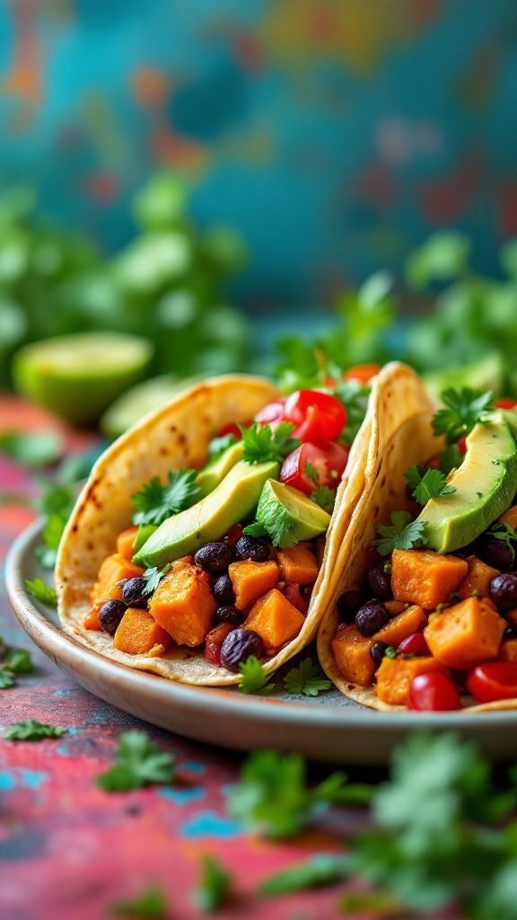 Delicious sweet potato and black bean tacos garnished with avocado and fresh cilantro.
