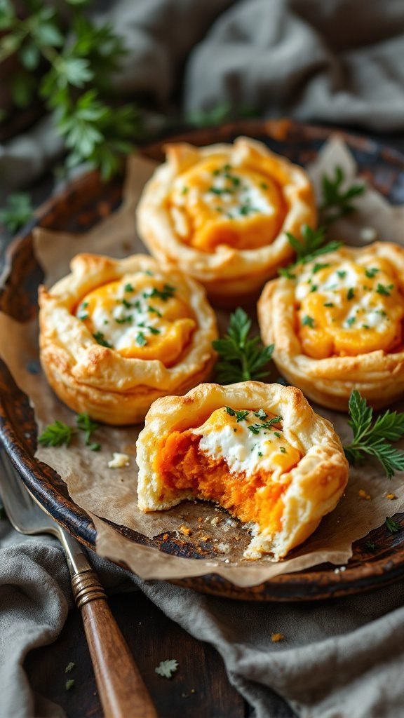 Delicious Sweet Potato and Goat Cheese Puff Pastries on a wooden platter.