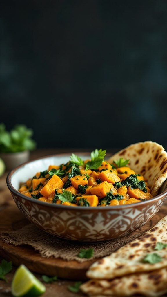 A bowl of sweet potato and spinach curry with naan