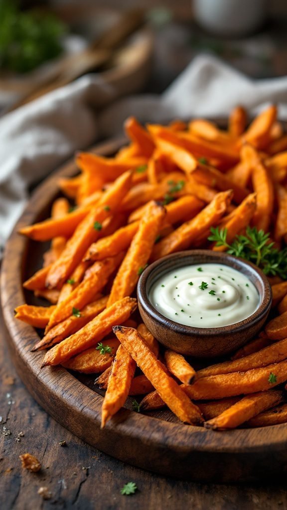 A plate of sweet potato fries with garlic aioli.