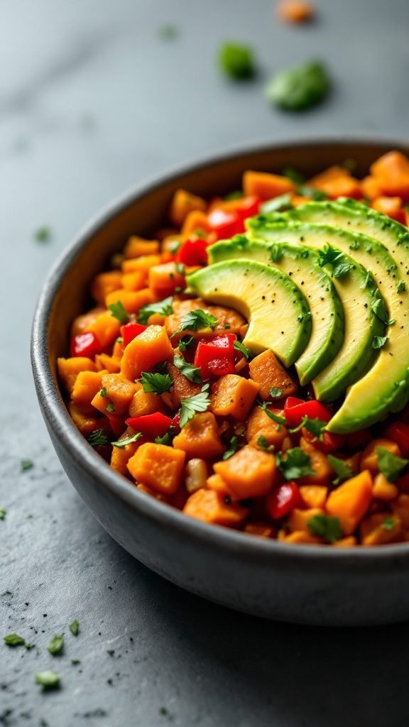A bowl of sweet potato hash topped with avocado slices and garnished with cilantro.