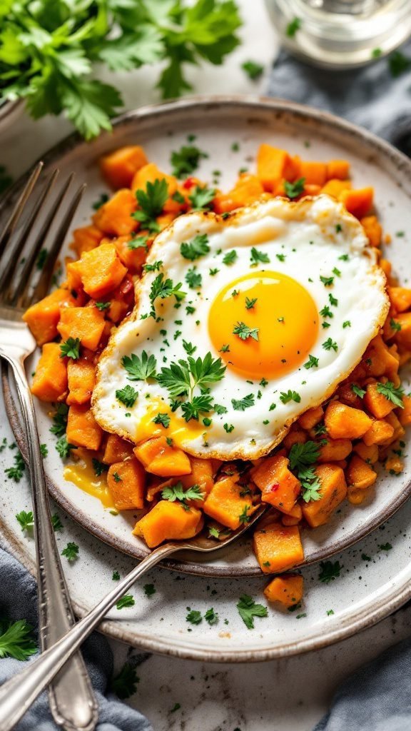 A plate of Sweet Potato Hash topped with a fried egg and garnished with parsley.