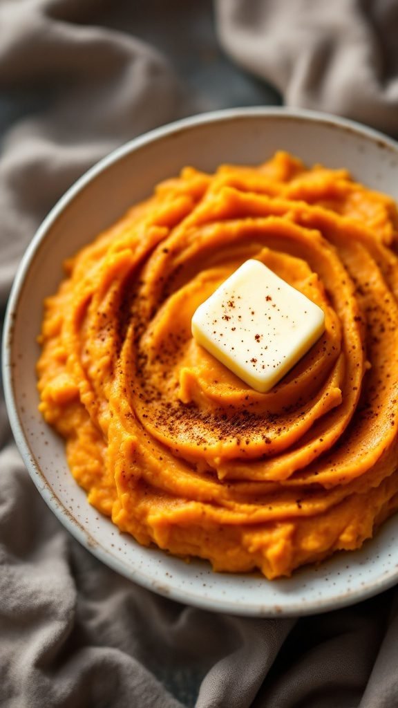 A bowl of creamy sweet potato mash topped with a pat of butter.