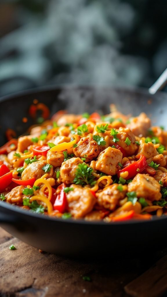 A colorful bowl of Szechuan Chicken Stir-Fry with vegetables and fresh herbs.