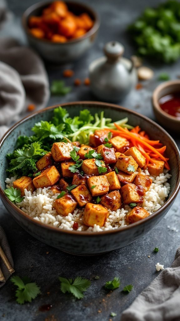 A Szechuan Tofu Rice Bowl with vibrant vegetables and garnishes.