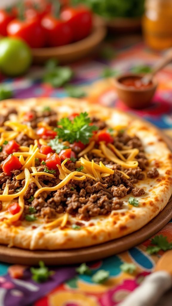 A delicious taco pizza topped with ground beef, cheese, and fresh vegetables.