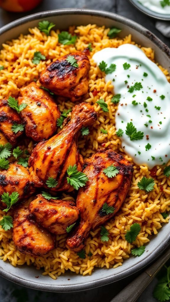 A delicious Tandoori Chicken Rice Bowl featuring marinated chicken, colorful rice, and fresh cilantro.