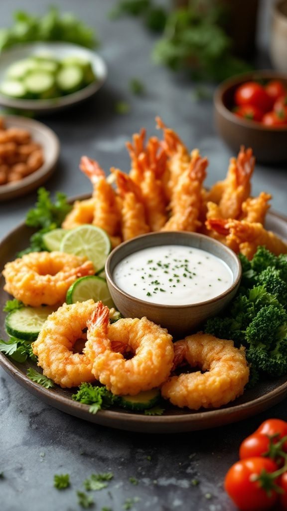 A delicious plate of tempura vegetables and shrimp, garnished with lime and served with dipping sauce.