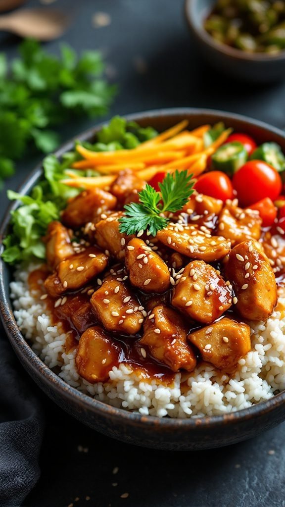 A delicious teriyaki chicken bowl with rice, chicken, and fresh vegetables.