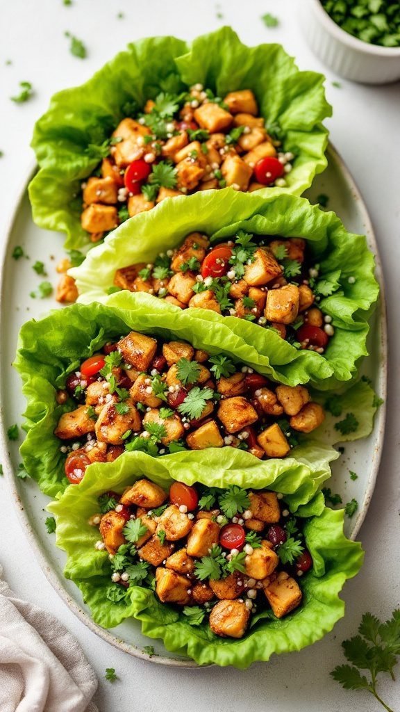 Delicious Teriyaki Chicken Lettuce Wraps served on a platter topped with fresh vegetables.