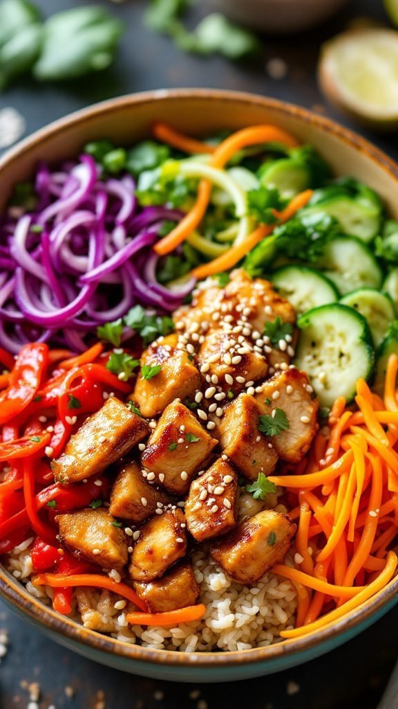 A colorful teriyaki chicken rice bowl with vegetables and garnishes.