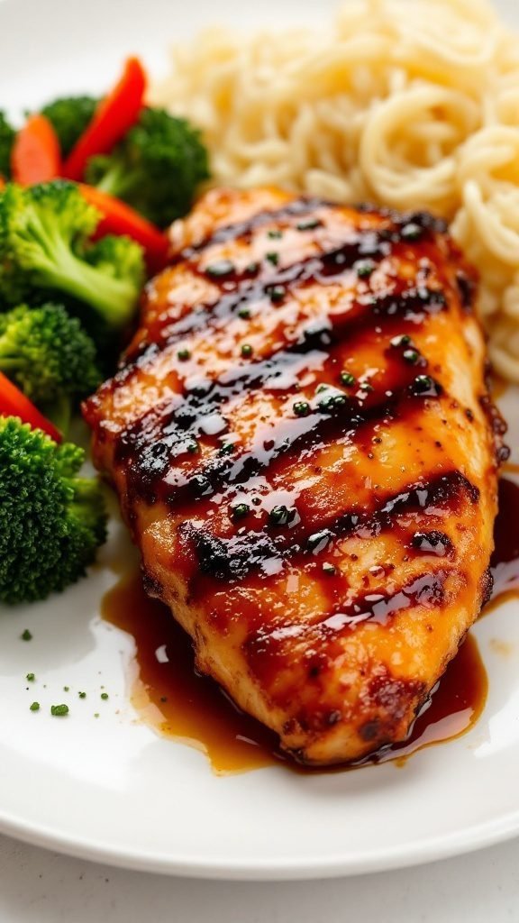 Delicious teriyaki chicken with a shiny glaze, served with broccoli and noodles.