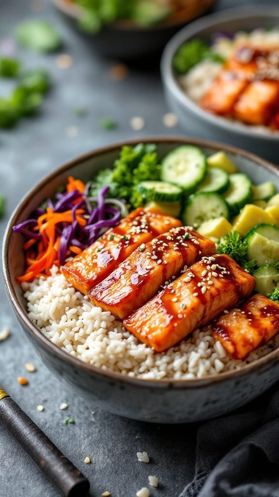 A delicious bowl of teriyaki salmon served with rice and fresh vegetables.