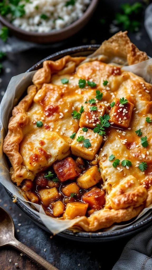 A delicious and golden Teriyaki Tofu Pot Pie with a crispy crust and garnished with sesame seeds.