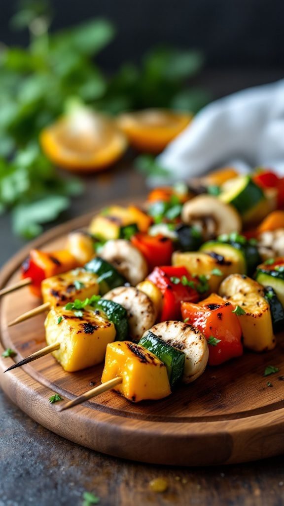 Teriyaki Vegetable Skewers on a wooden platter
