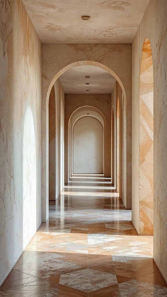 A long hallway with textured walls and arched doorways, illuminated by natural light.