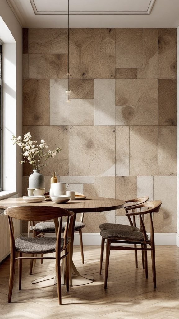 A modern dining room featuring a textured wooden wall, round wooden table, and upholstered chairs, creating a cozy and stylish atmosphere.