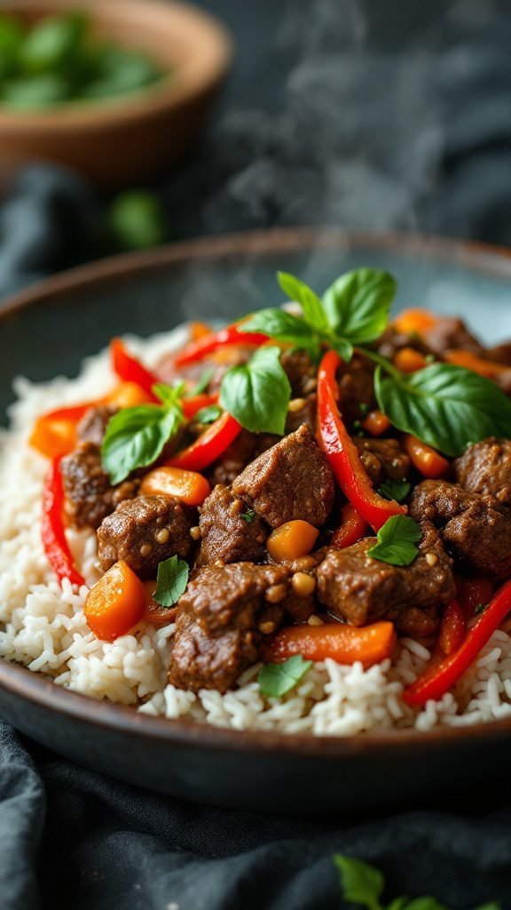 A delicious plate of Thai Basil Beef served over rice with colorful vegetables.