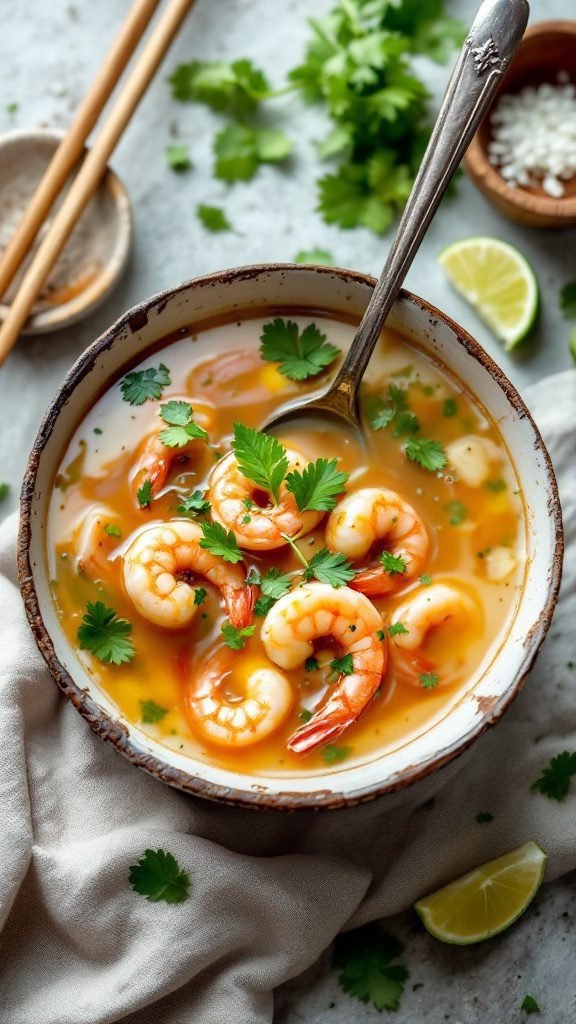 A bowl of Thai Coconut Soup with shrimp, garnished with herbs.