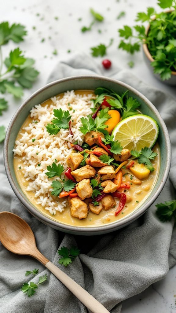 A delicious Thai Green Curry Rice Bowl with chicken, jasmine rice, and vibrant vegetables.