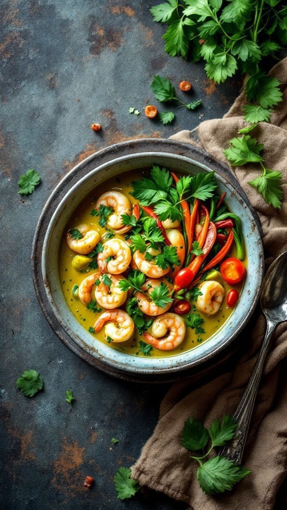 A bowl of Thai Green Curry with shrimp, featuring colorful vegetables and fresh herbs.
