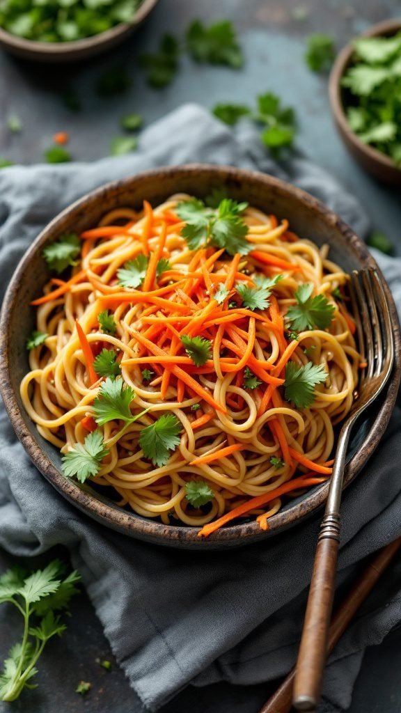 Bowl of Thai peanut noodles topped with carrots and cilantro