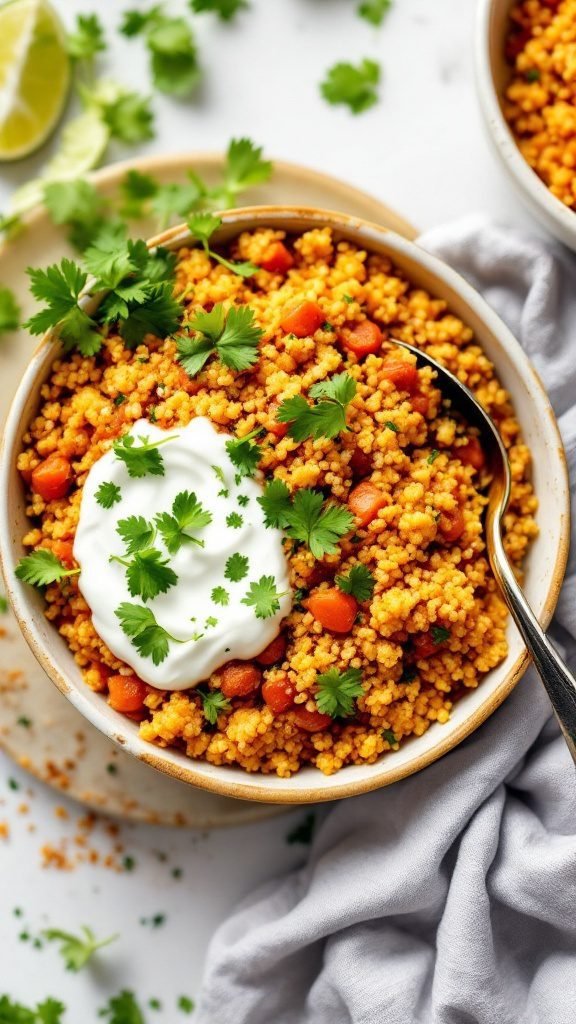 A bowl of tikka masala spiced quinoa curry topped with cilantro and served with yogurt.