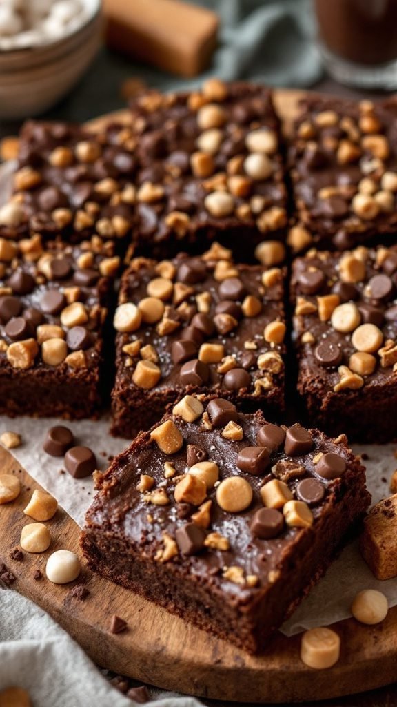 Deliciously baked toffee brownies topped with chocolate and toffee bits.