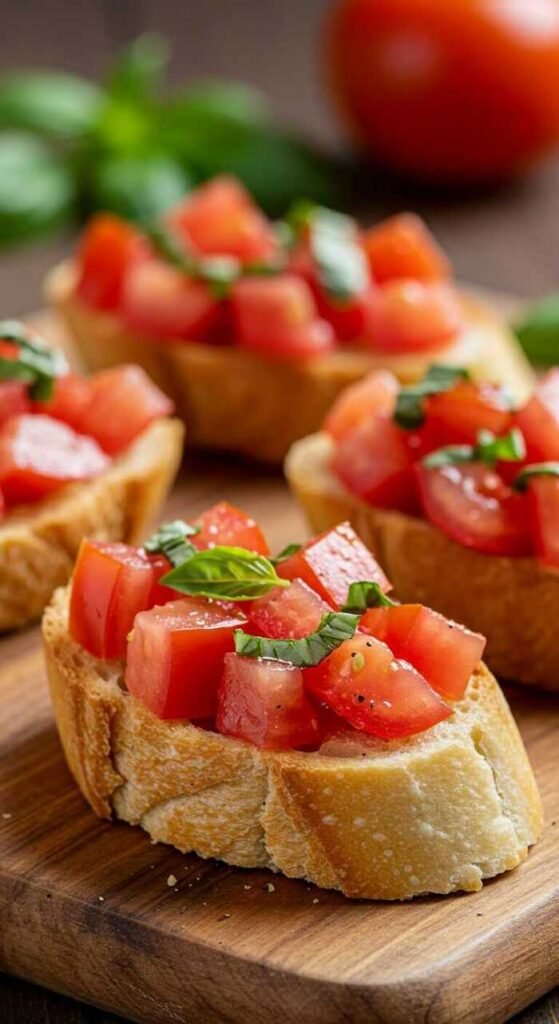 A vibrant Tomato Basil Bruschetta ready to be enjoyed.