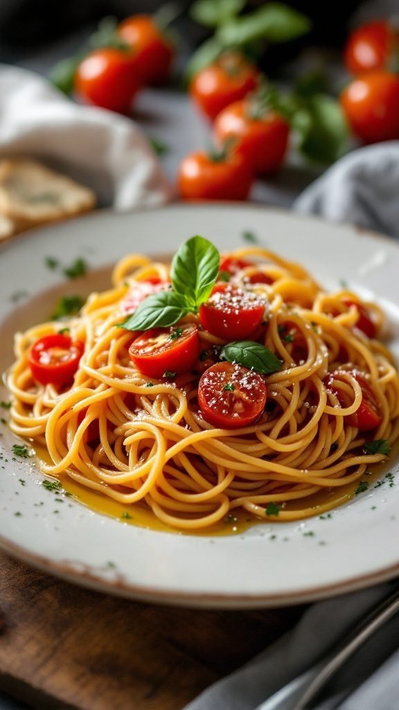 A plate of Tomato Basil Spaghetti garnished with fresh basil and cherry tomatoes.