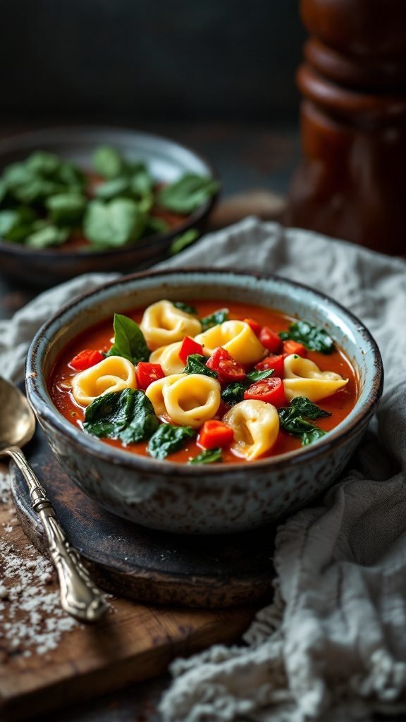 A bowl of tortellini soup with spinach and diced tomatoes.