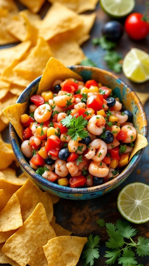 Bowl of seafood salsa with tortilla chips around it