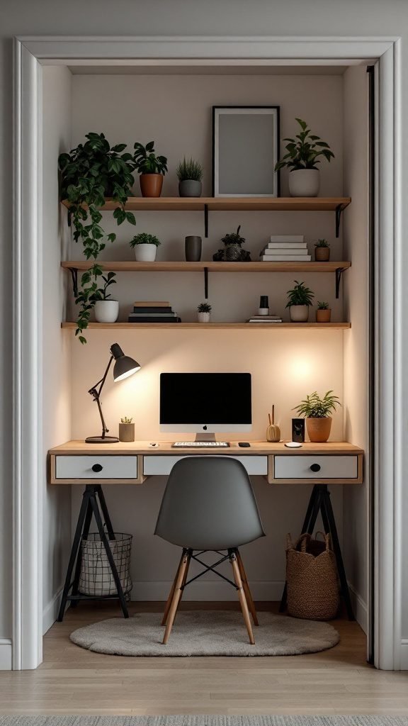 Small closet transformed into a functional workspace with a desk, shelves, and plants.