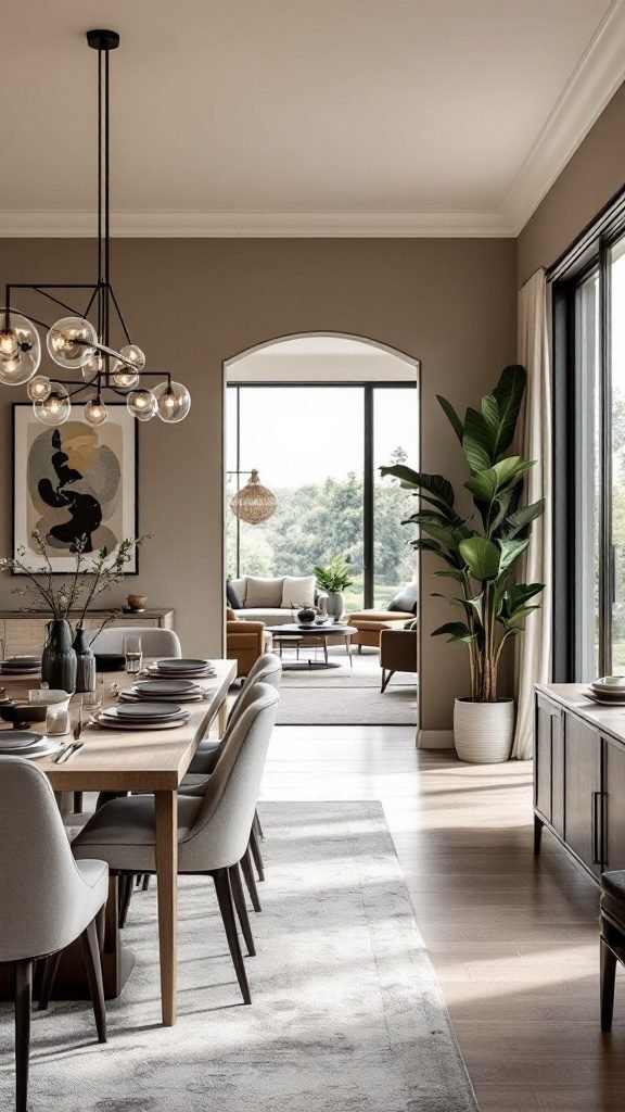 A modern dining room featuring a wooden dining table, upholstered chairs, and stylish lighting.