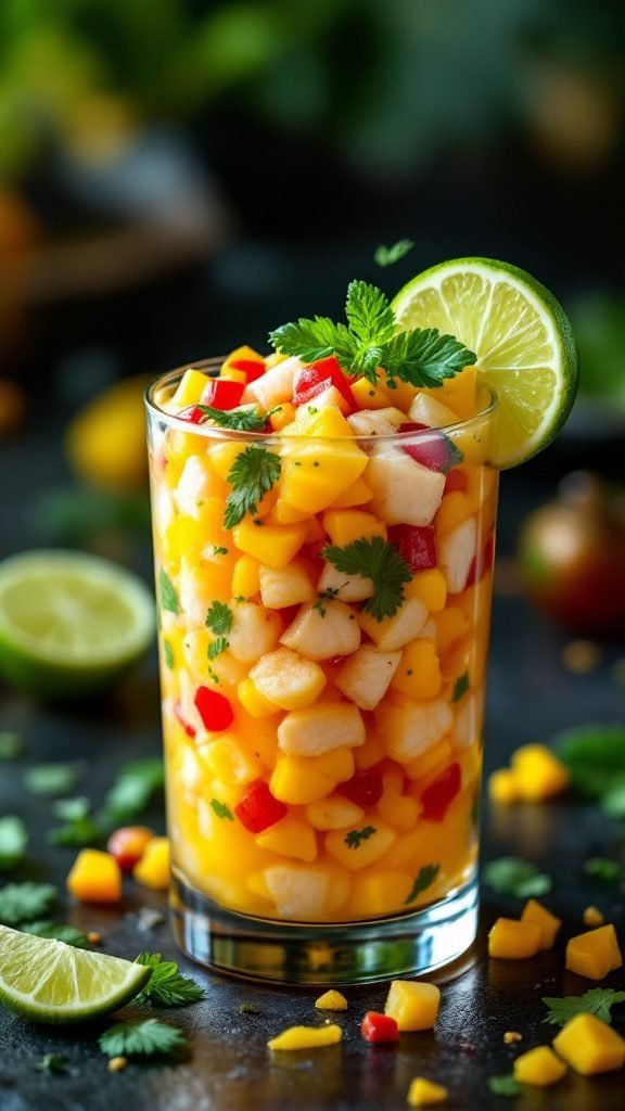 A vibrant tropical fish ceviche with fresh ingredients such as mango, cilantro, and lime.
