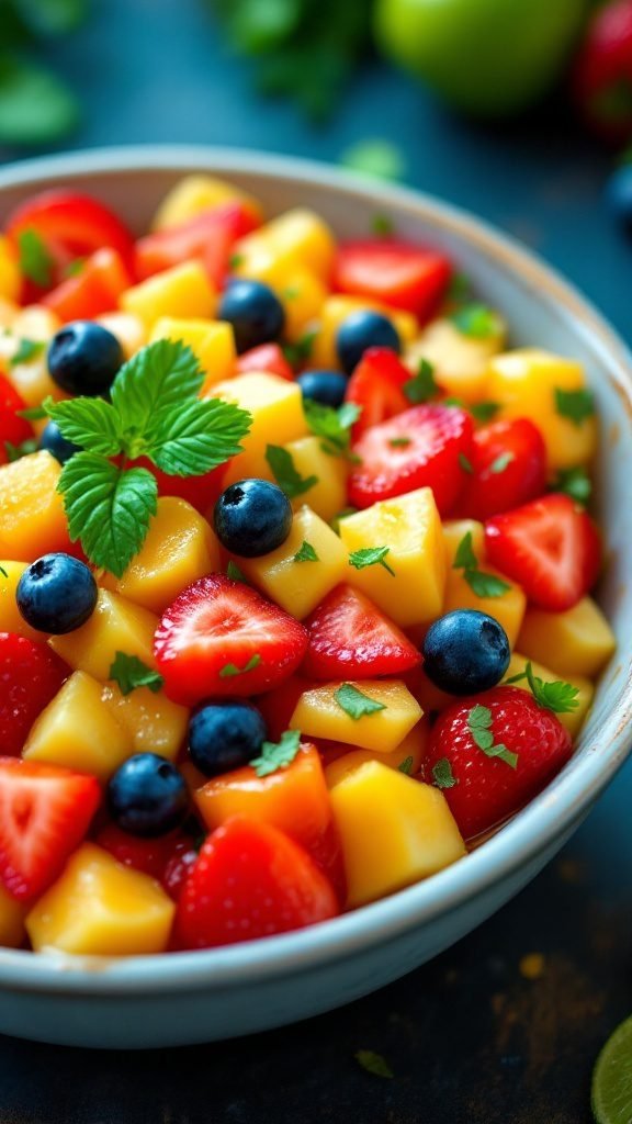 A colorful bowl of tropical fruit salad with various fruits.