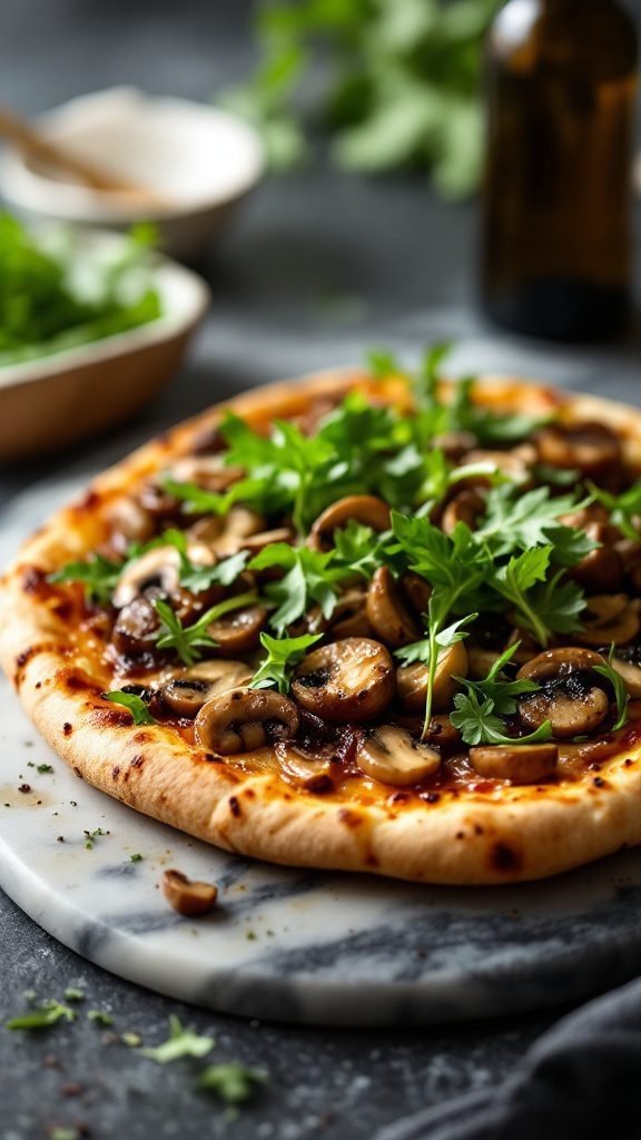 A gourmet truffle oil and mushroom pizza topped with fresh parsley.